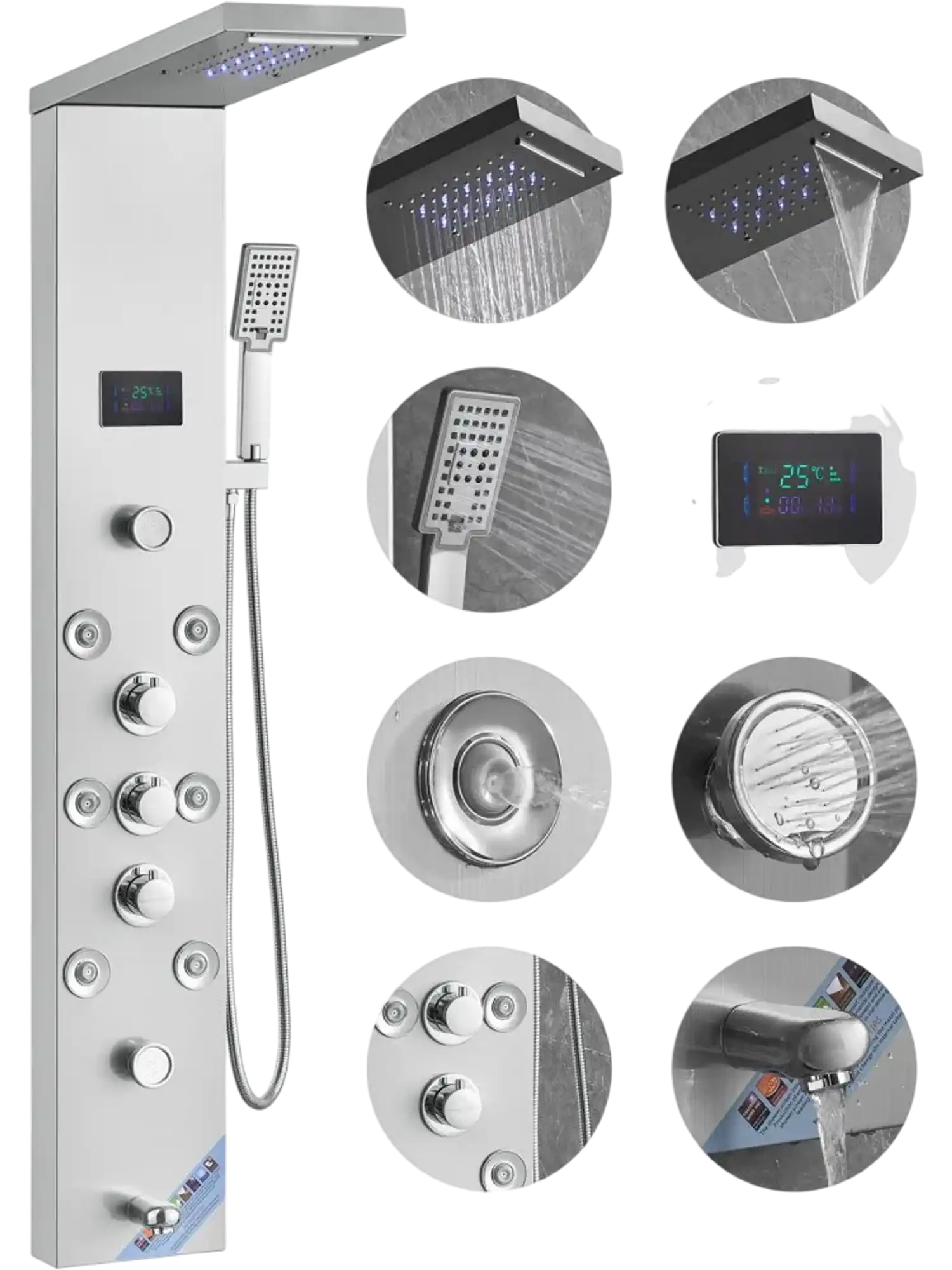 Vevor Shower Panel System LED Screen Hydroelectric Rainfall Waterfall 8 Massage Jets Wall-Mounted Stainless Steel New