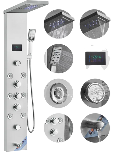Vevor Shower Panel System LED Screen Hydroelectric Rainfall Waterfall 8 Massage Jets Wall-Mounted Stainless Steel New