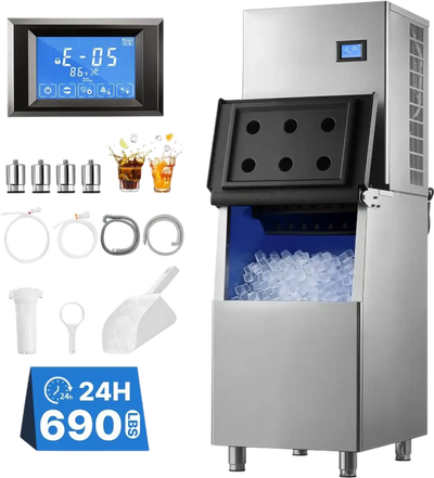 Vevor Commercial Ice Maker Machine 690 lbs/24H Freestanding Stainless Steel with 250 lbs Storage Bin New