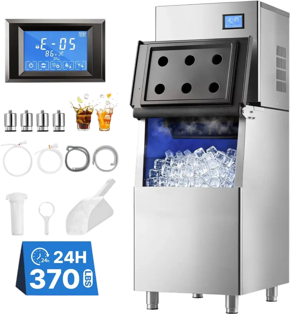 VEVOR Commercial Ice Maker Machine 370 Lbs/24H Ice-Making Stainless Steel, for Bar Cafe Restaurant Business, Ice Ready in 15 Mins, Freestanding with 250 Lbs Ice Storage Bin and Auto Self-Cleaning