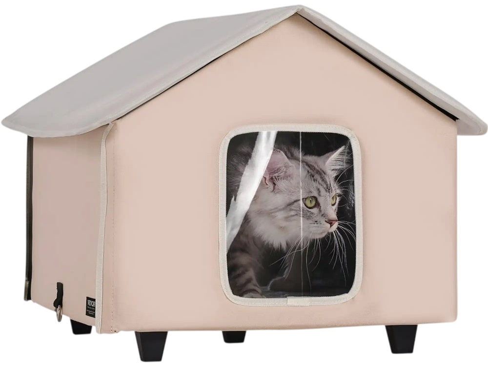 VEVOR Elevated Heated Cat House, Outdoor Kitty Shelter with Timer, 600D Oxford Cloth Foldable Cat Shelter with Heated Pad for Winter to Stay Warm and Cozy, Brown (Middle)