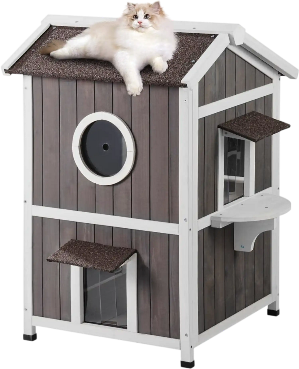 VEVOR Outdoor Cat House Weatherproof, Feral Cat Shelter for Multiple Cats, 2-story Large Outdoor Wooden Cat House with Doors, PVC Door Flaps, A Clear Window, 23"L x 26"W x 36"H