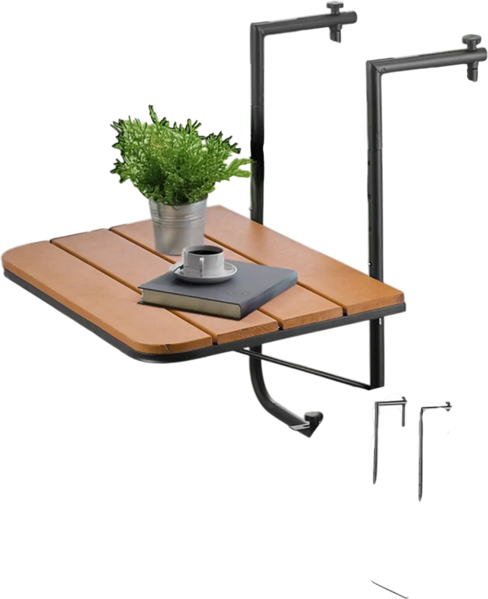 VEVOR Balcony Hanging Table, 25 x 24 in Folding Balcony Railing Table, Outdoor Balcony Bar Table for Railings, 4-Level Adjustable, Fit Railing from 1" to 8.27", Serving Table for Patio & Deck