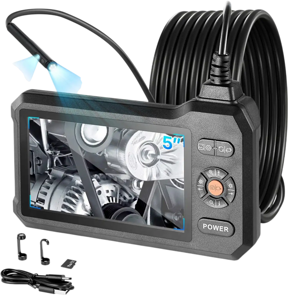 VEVOR Dual Lens Endoscope with Light, 5" HD IPS Screen Industrial Borescope Camera, 0.22-inch Slim Lens, 8X Zoom, IP67 Waterproof Inspection Snake Camera for Automotive, Plumbing (16.4FT Rigid Cable)