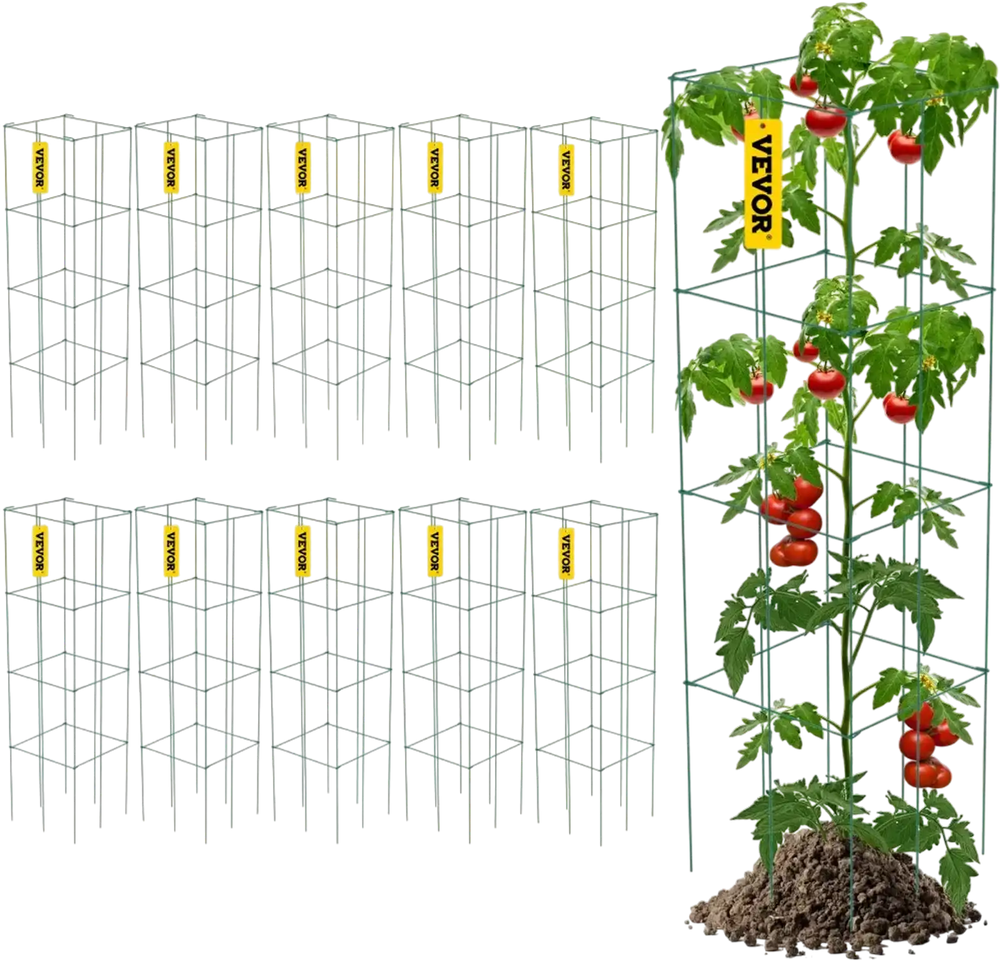 VEVOR Tomato Cages, 11.8\" x 11.8\" x 46.1\", 10 Packs Square Plant Support Cages, Green PVC-Coated Steel Tomato Towers for Climbing Vegetables, Plants, Flowers, Fruits
