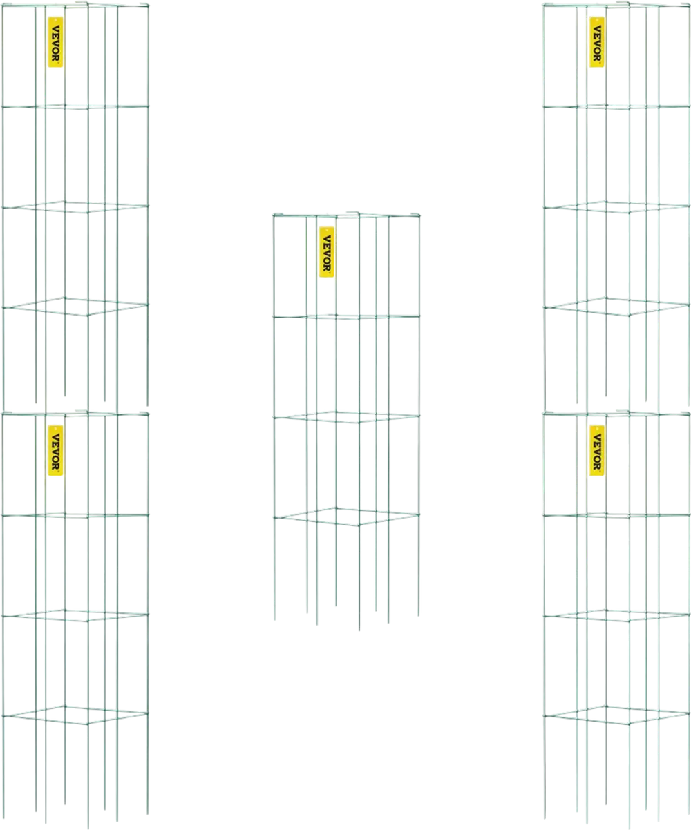 VEVOR Tomato Cages, 11.8\" x 11.8\" x 46.1\", 5 Packs Square Plant Support Cages, Green PVC-Coated Steel Tomato Towers for Climbing Vegetables, Plants, Flowers, Fruits