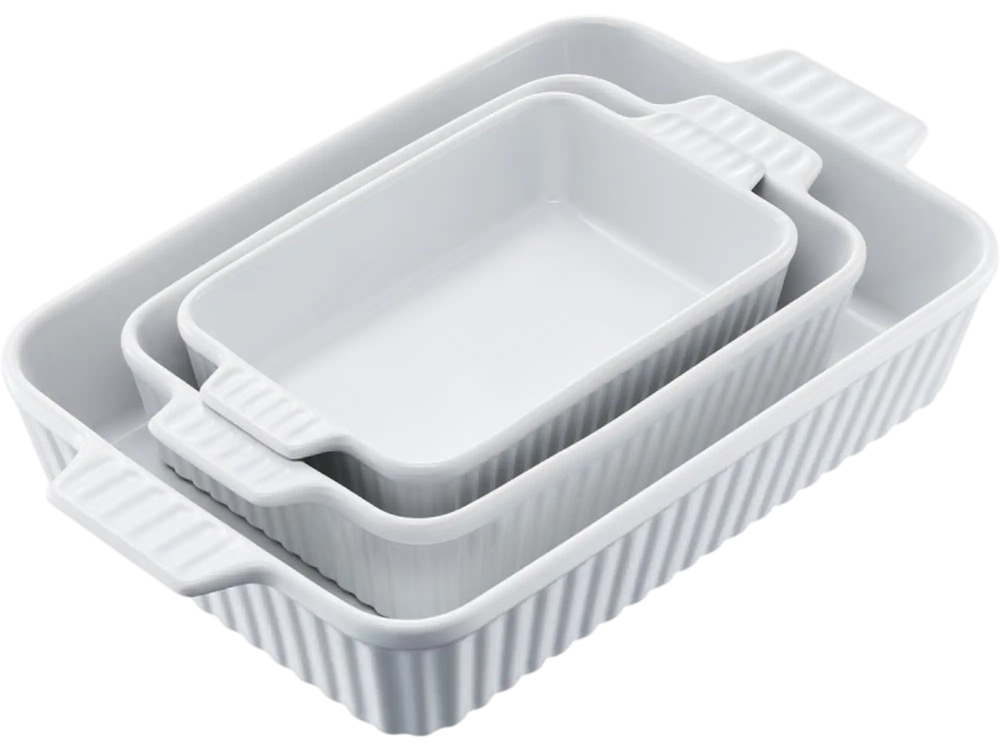 VEVOR Ceramic Baking Dish, 9" x 13", Bakeware Set of 3, Rectangular Casserole Dish Set, Baking Pans with Handles, Oven Secure, Lasagna Pans Deep for Cooking, Thanksgiving & Christmas Present, White
