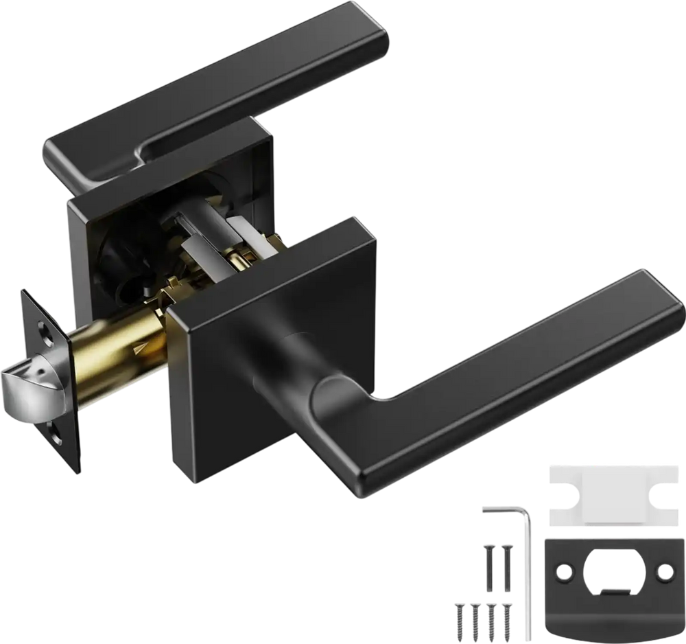 VEVOR Passage Door Handle, 1 Pack Matte Black Door Lever, Left or Right Handing Reversible Lever Non-Locking, 45° Rotation to Open, Square Interior Door Handles for Hallways, Closets, Meeting Spaces