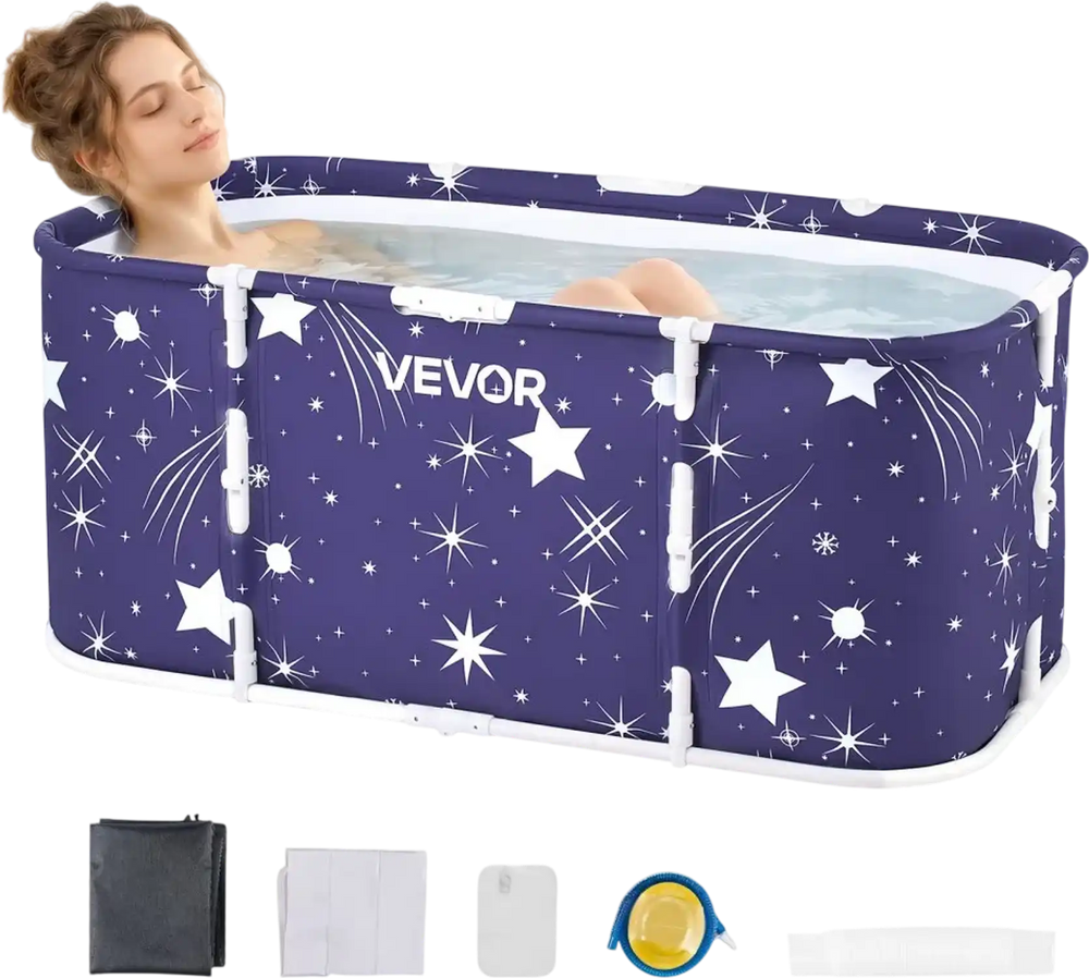 VEVOR Portable Foldable Bathtub 45.3"x23.6"x19.7" Soaking for Adults Blue, for Bathroom Shower Stall, 3-Layer Insulation, Space Saving, Family Hot SPA Ice Bath Tub with 2 Drain Ports, Indoor Outdoor