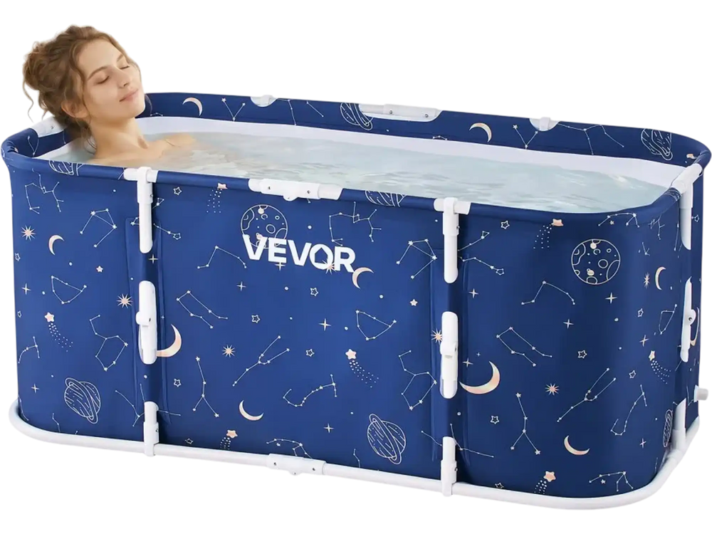 VEVOR Portable Foldable Bathtub 47.2"x23.6"x19.7" Soaking for Adults Blue, for Bathroom Shower Stall, 3-Layer Insulation, Space Saving, Family Hot SPA Ice Bath Tub with 2 Drain Ports, Indoor Outdoor