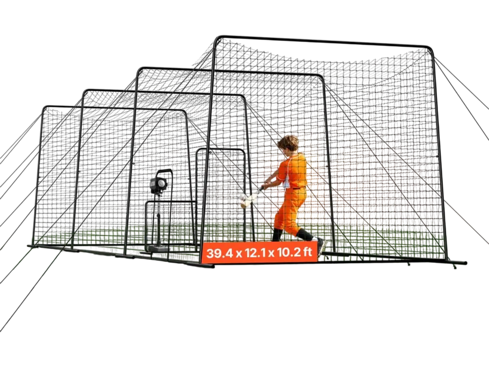 VEVOR Baseball Batting Cage, 39.4 x 12.1 x 10.2 FT Freestanding Portable Batting Cage, Hitting Cages with 45-Ply Knotted HDPE & Long Positioning Ropes, Battings Cages Netting for Indoor Outdoor