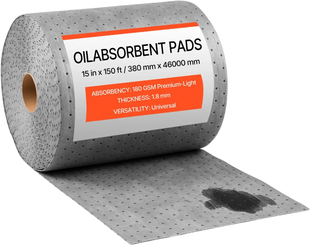 VEVOR Oil & Water Absorbent Pads, 15 in x 150 ft 1-Roll, Medium-Duty Spill Absorbing Pads, Universal for Gasoline, Engine, Oil, Water, Coolant, Durable PP Spill Control Mats for Garage Workshop