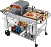 VEVOR Outdoor Grill Cart, 36.4 x 23.4 x 1 inch Tabletop Size Grilling Table, Movable Outdoor Cooking Table with 4 Spice Containers, Wheels, Lids, Hooks, BBQ Prep Tables for Picnic, Kitchen, Courtyard