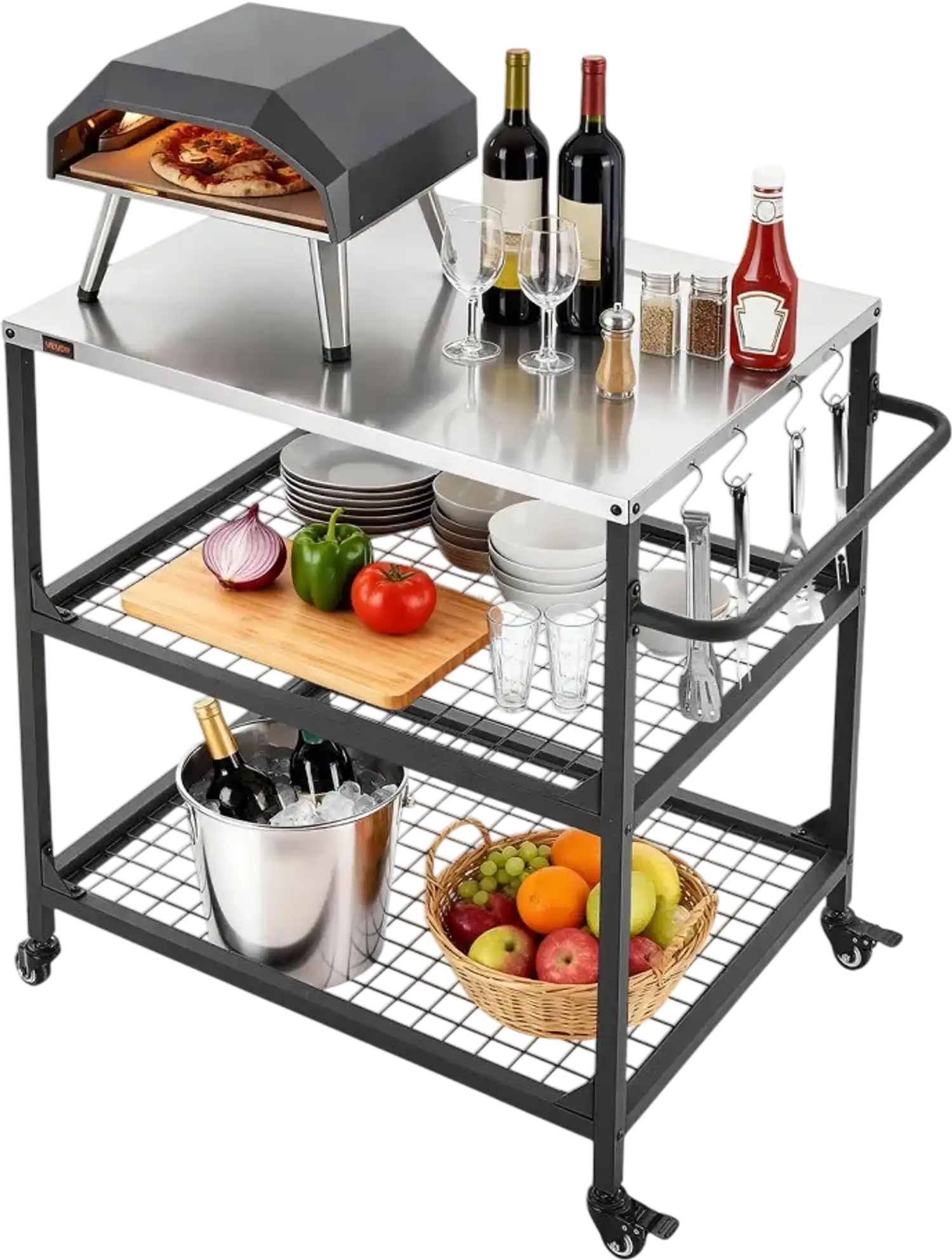 Vevor Grill Cart Outdoor Cooking Table with Stainless Steel Top & 2 Mesh Shelves New
