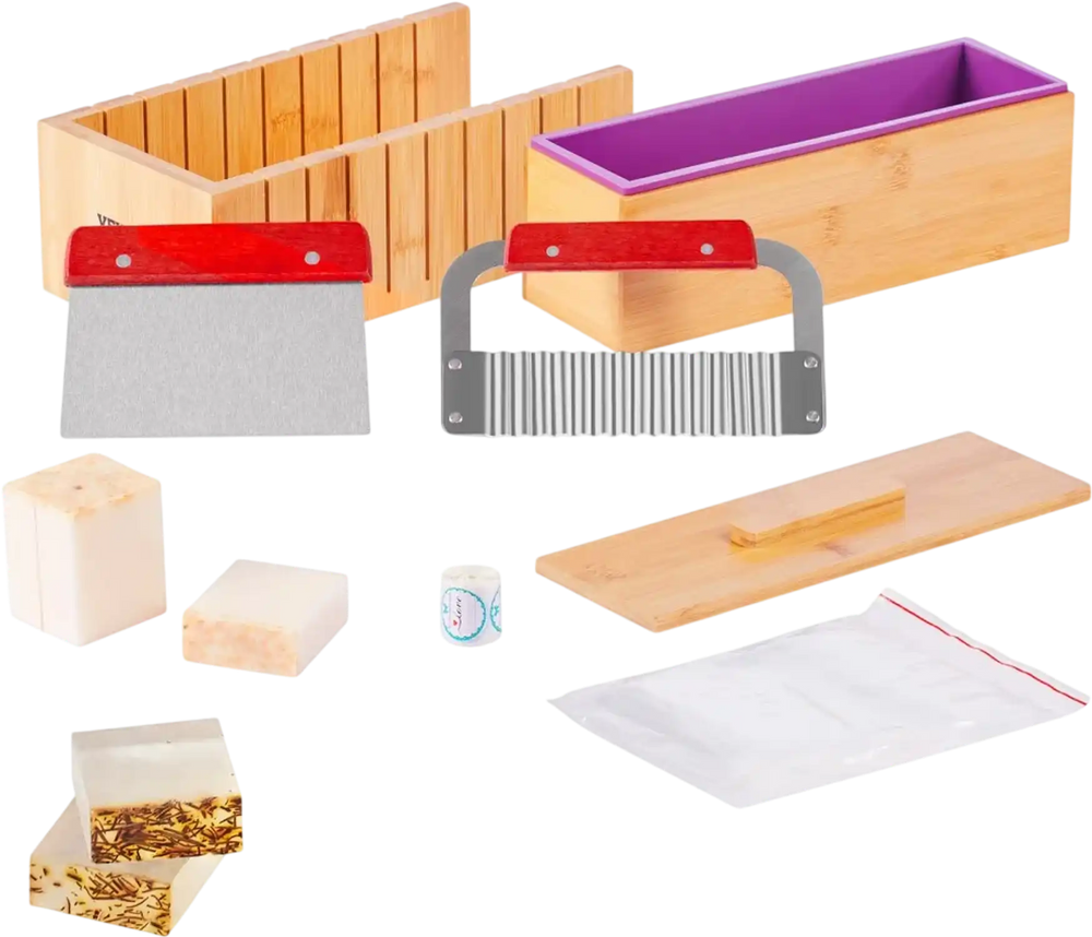 VEVOR Soap Making Kit, Bamboo Cutting Box and Inner Box with Silicone Mold, Stainless Steel Straight Cutter and Wavy Cutter, 100 Bags and 105 Stickers, Soap Making Supplies DIY Kits for Adults