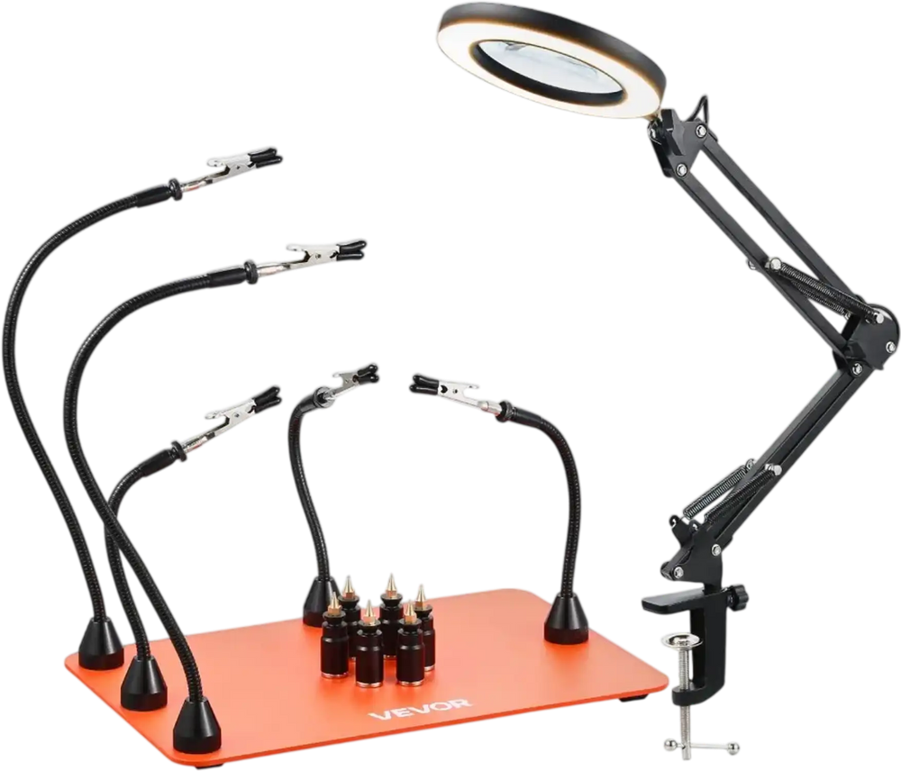 VEVOR Magnetic Helping Hands Soldering Station, 2-In-1 Third Hand Soldering Tool - 3X LED Magnifying Lamp & 5 Flexible Arms, 6 PCB Holders, Heavy-Duty Base Station for Electronic Repair Craft Hobby