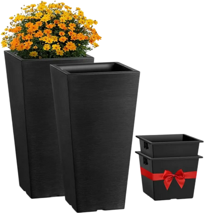 VEVOR Set of 2 Tall Outdoor Planters 22inch, Large Planters For Outdoor Indoor Plants, Black Tapered Square Front Porch Planters Flower Tree Plant Pots with Modern Design and Built-in Drainage