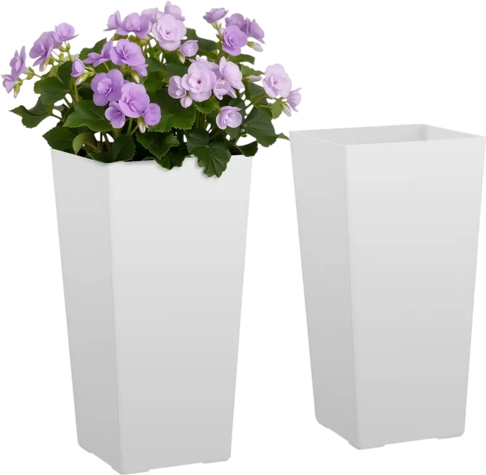 VEVOR Tall Planters Set of 2, 22 Inch Large Outdoor Taper Planters for Outdoor Indoor Plants, Front Porch Plastic Modern Flower Pots with Casters, Inner Pot & Drainage Holes for Patio, Garden, White