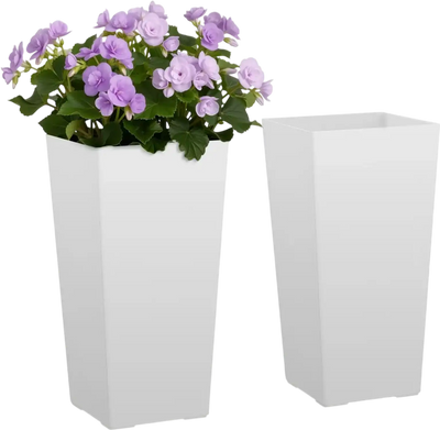 VEVOR Tall Planters Set of 2, 22 Inch Large Outdoor Taper Planters for Outdoor Indoor Plants, Front Porch Plastic Modern Flower Pots with Casters, Inner Pot & Drainage Holes for Patio, Garden, White