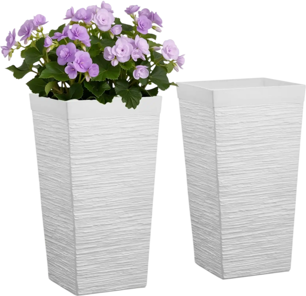 VEVOR Tall Planters Set of 2, 23 Inch Large Outdoor Taper Planters for Outdoor Indoor Plants, Front Porch Plastic Modern Flower Pots with Casters, Inner Pot & Drainage Holes for Patio, Garden, White