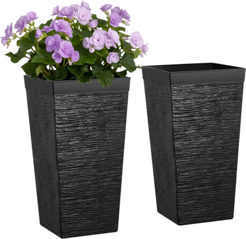VEVOR Tall Planters Set of 2, 23 Inch Large Outdoor Taper Planters for Outdoor Indoor Plants, Front Porch Plastic Modern Flower Pots with Casters, Inner Pot & Drainage Holes for Patio, Garden, Black