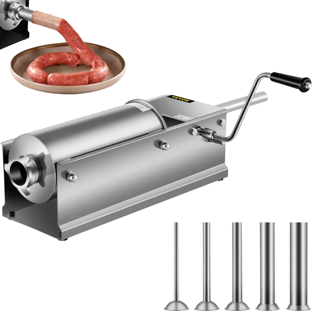VEVOR Manual Sausage Stuffer, 5 L / 11 LBS Horizontal Sausage Machine, Dual-Speed Meat Stuffer, Made of Food-Grade 304 Stainless Steel, Includes 5 Stuffing Tubes, for Home Kitchen Restaurant Commercia