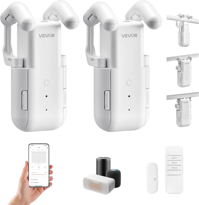 VEVOR Automatic Curtain Opener, 2 Pack, APP and Remote Control, Hub Included, Electric Smart Curtain Opener Compatible with Alexa and Google Home, Timed Opening and Closing, for Roman Rods, U/I Rails