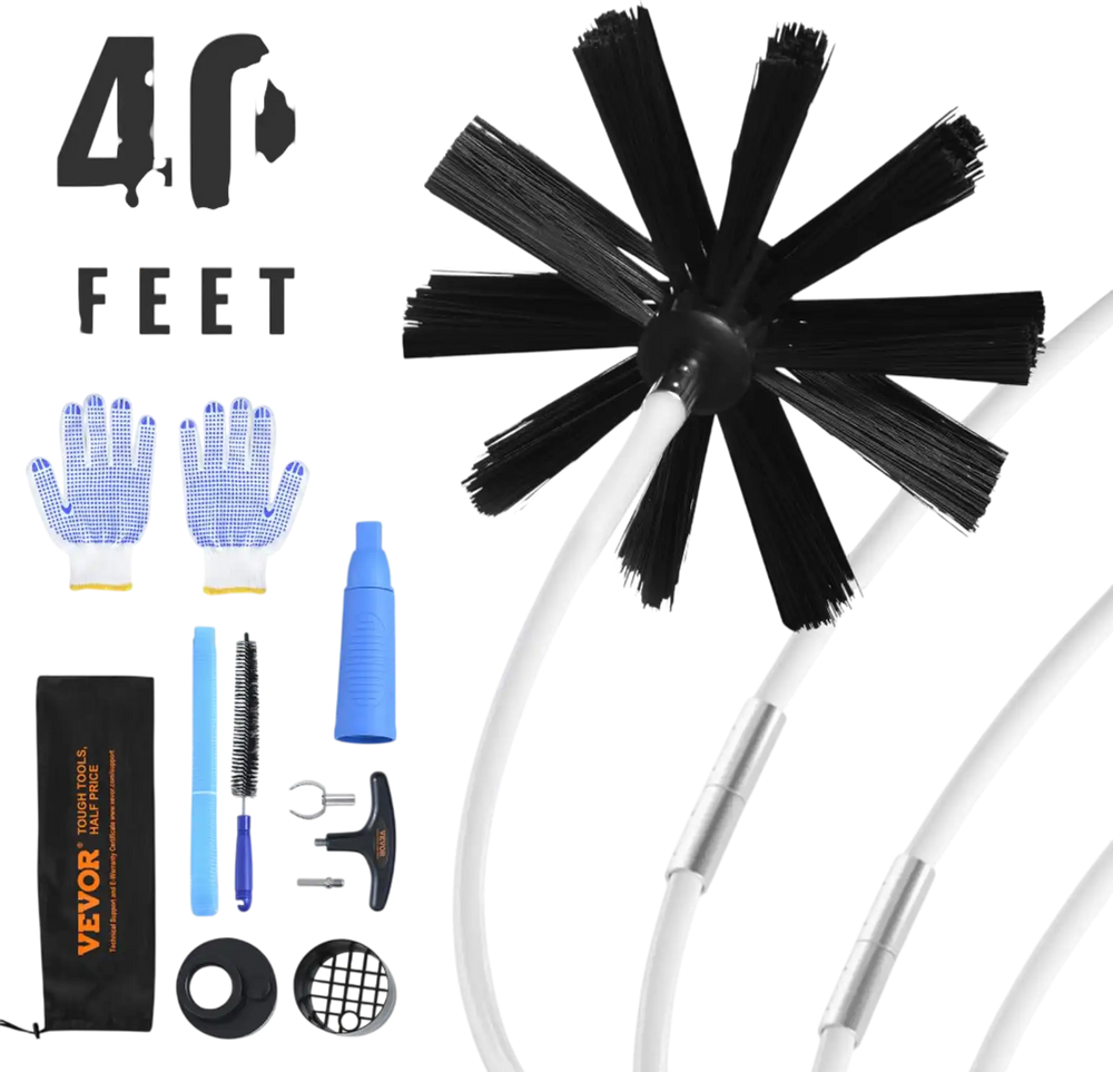 VEVOR 40 FEET Dryer Vent Cleaner Kit, 29 Pieces Duct Cleaning Brush, Reinforced Nylon Dryer Vent Brush with Complete Accessories, Dryer Cleaning Kit with Flexible Lint Trap Brush, Clamp Connectors