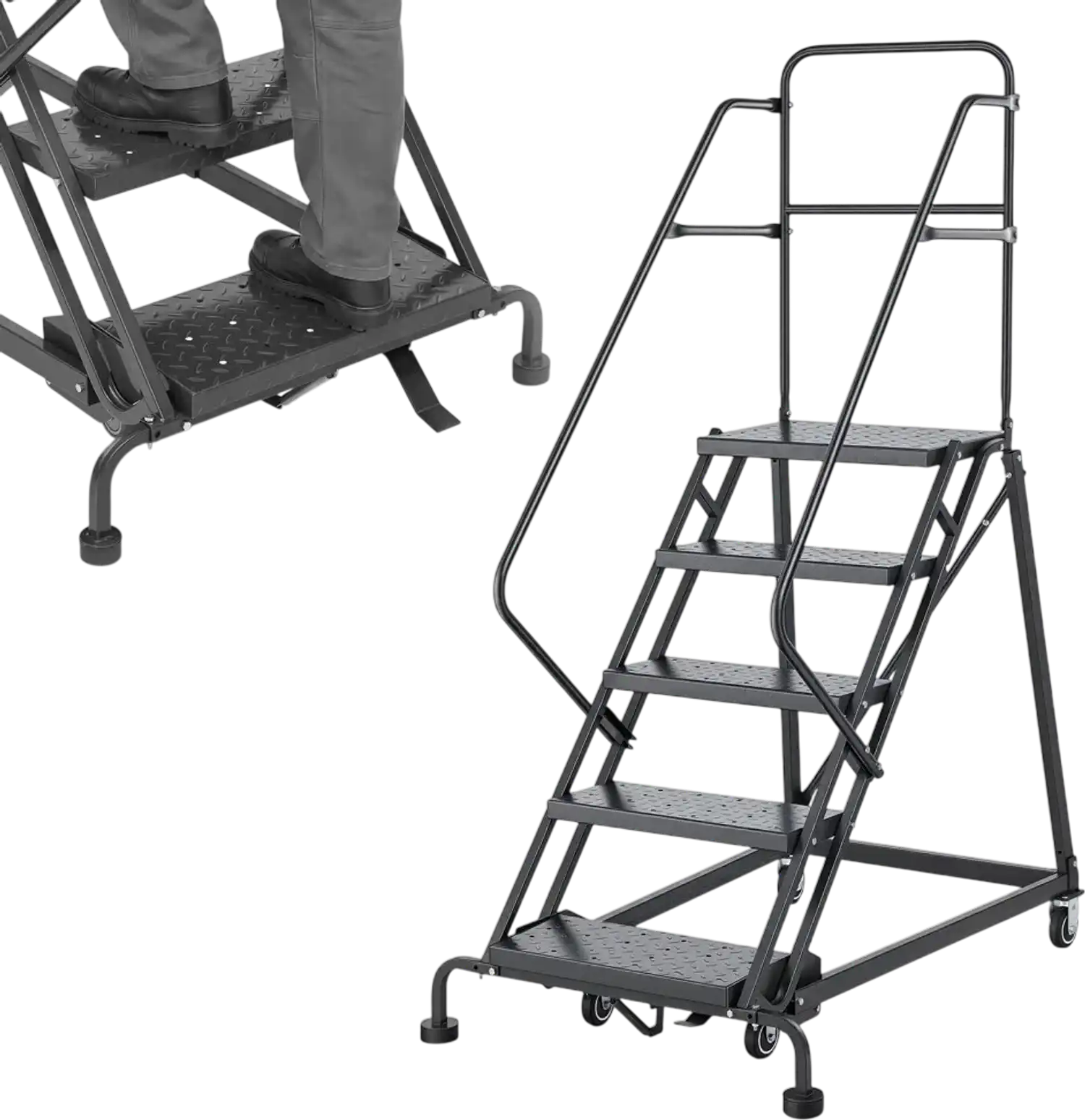 Vevor Rolling Warehouse Ladder 5-Step Mobile Platform with Handrails & Self-Locking Wheels New
