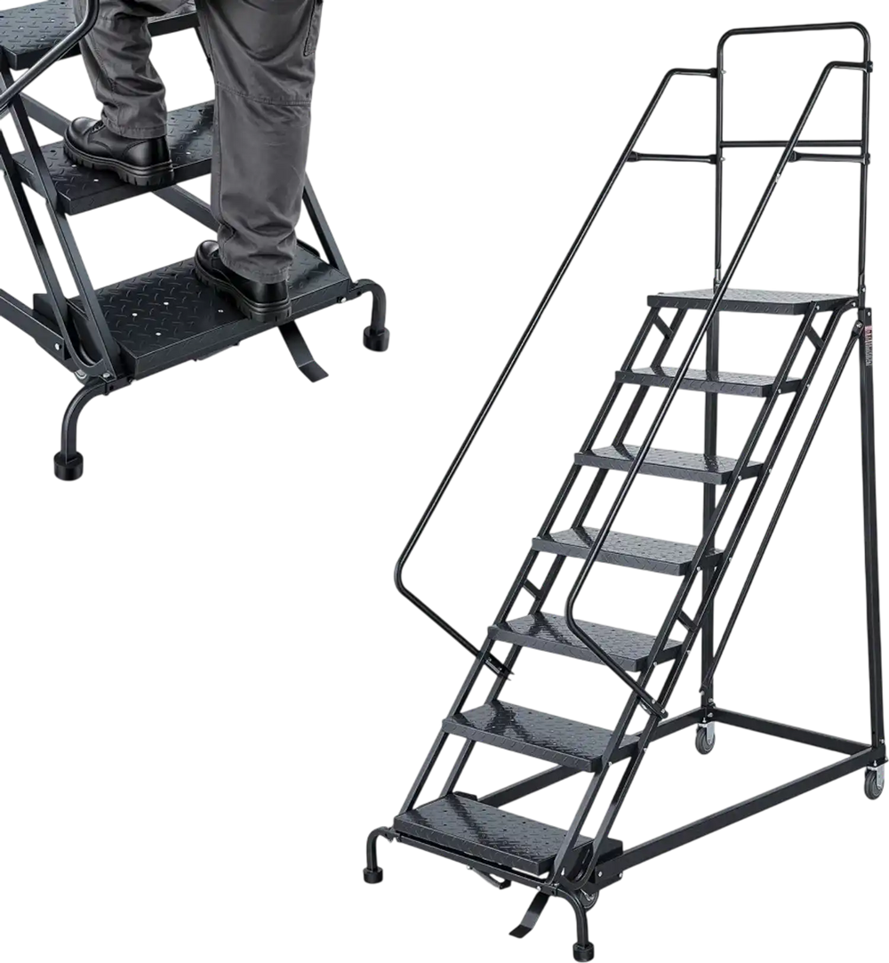 VEVOR 7-Step Rolling Warehouse Ladder, Industrial Alloy Steel Mobile Step Stair, with Handrails, Non-Slip Perforated Steps & Self-Locking Wheels, 450LBS Heavy Duty Platform Ladder for Garage Library