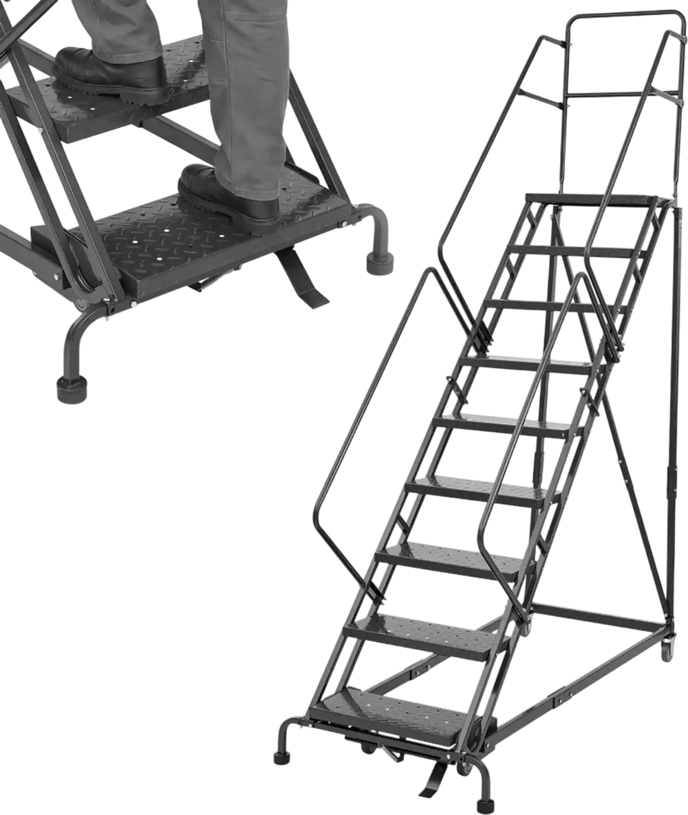 VEVOR 9-Step Rolling Warehouse Ladder, Industrial Alloy Steel Mobile Step Stair, with Handrails, Non-Slip Perforated Steps & Self-Locking Wheels, 450LBS Heavy Duty Platform Ladder for Garage Library
