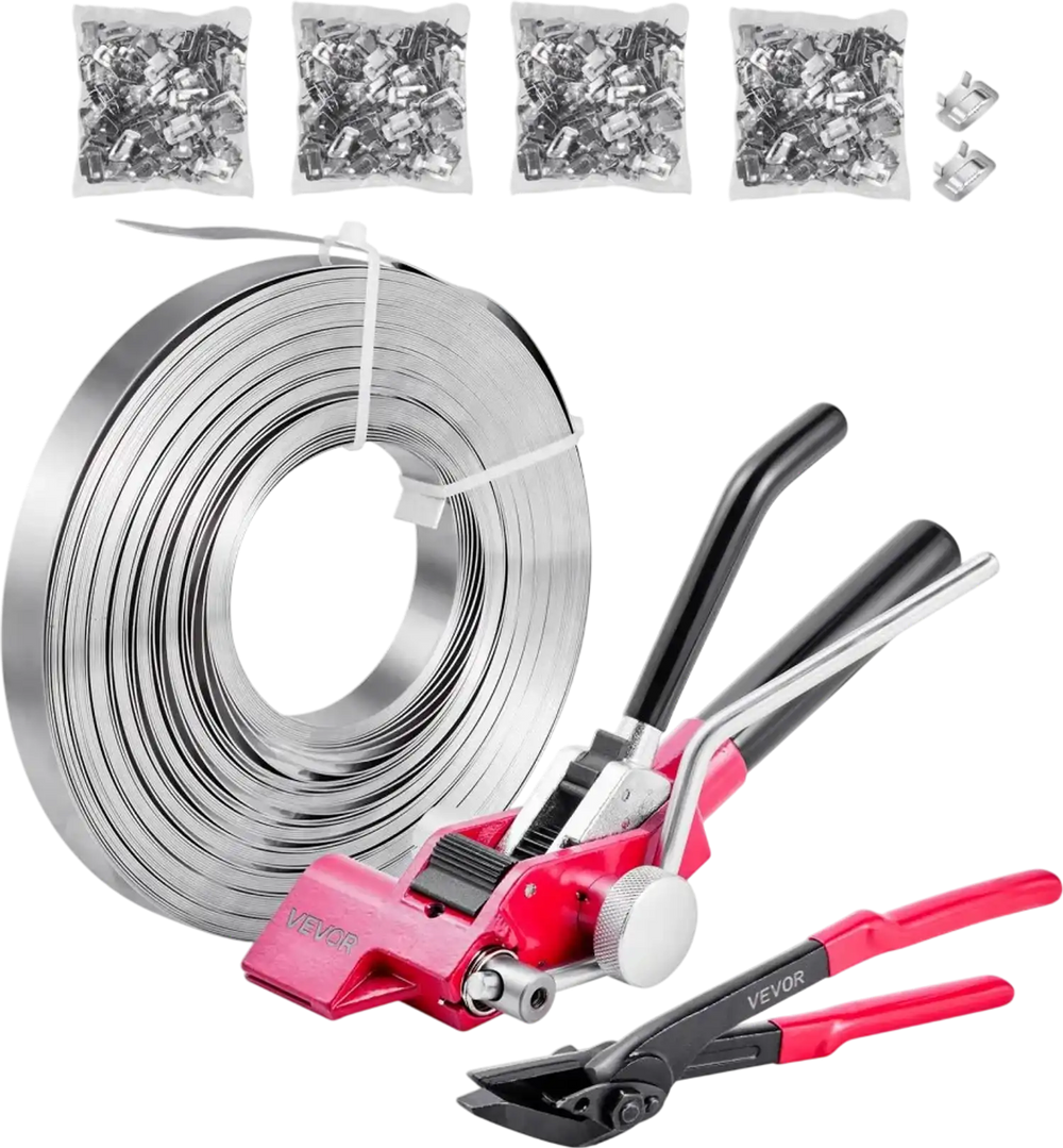 VEVOR Steel Banding Strapping Kit, Heavy Duty Banding Sealer Tool with 400 ft Binding Straps, 400 Metal Clasps, Manual Pallet Packaging Strapping Kit for Warehouse, Transportation, Industrial Bundling