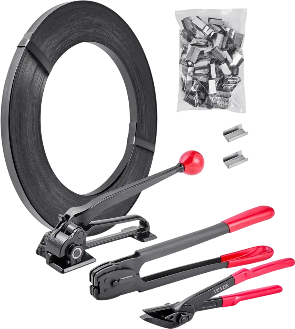 VEVOR Steel Banding Strapping Kit, Heavy Duty Banding Sealer Tool with 600 ft Binding Straps, 300 Metal Seals, Manual Pallet Packaging Strapping Kit for Warehouse, Transportation, Industrial Bundling