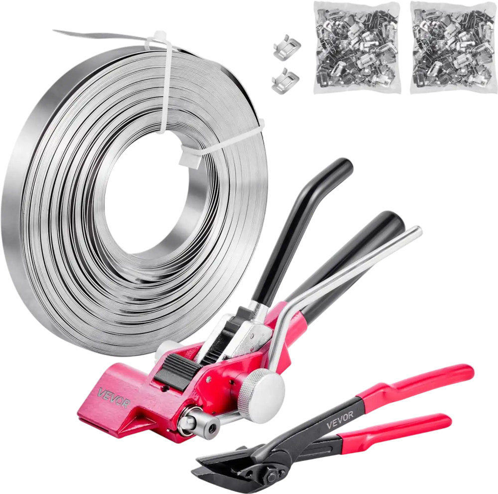 VEVOR Steel Banding Strapping Kit, Heavy Duty Banding Sealer Tool with 200 ft Binding Straps, 200 Metal Clasps, Manual Pallet Packaging Strapping Kit for Warehouse, Transportation, Industrial Bundling