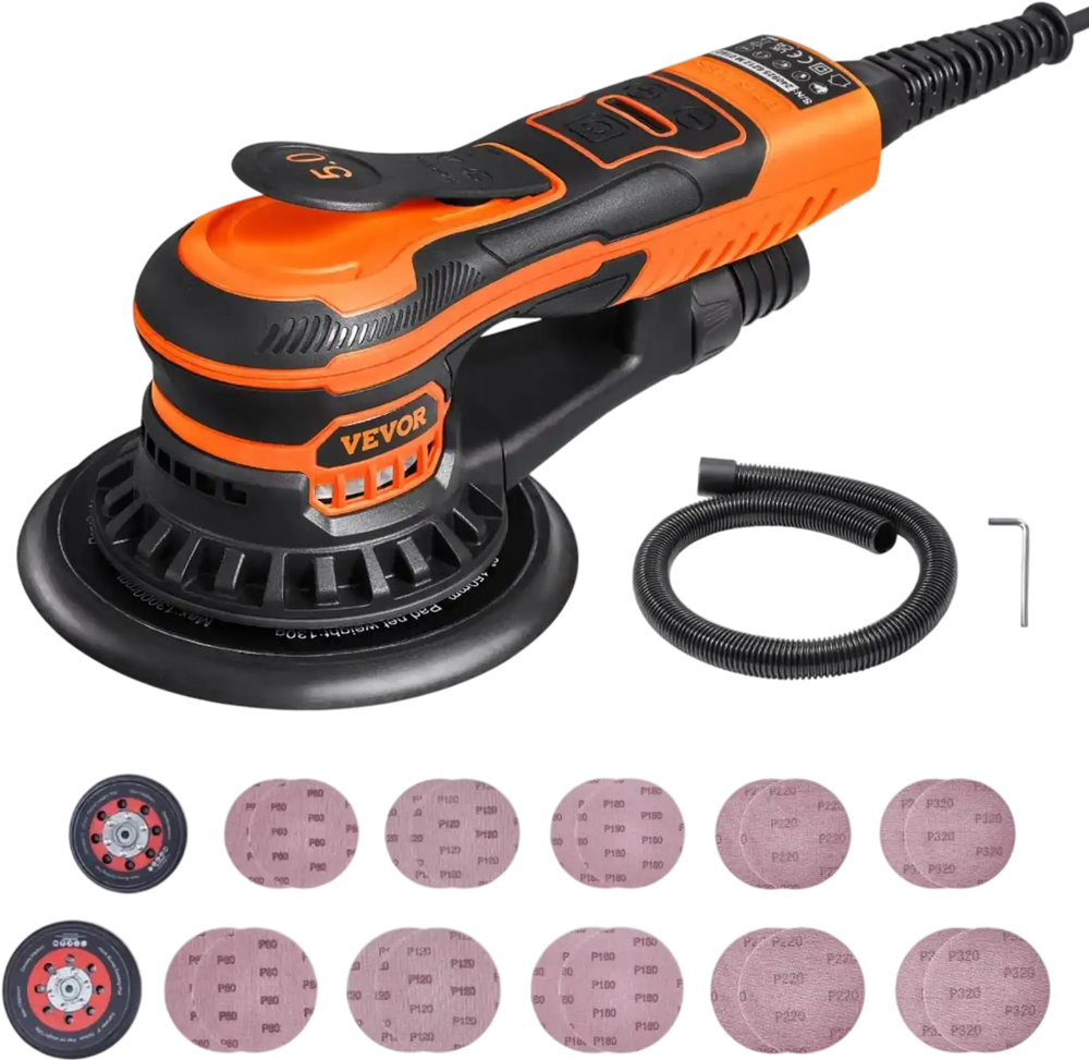 VEVOR Random Orbital Sander 5 & 6-Inch, 350W Brushless Orbital Sander, 10,000 PRM 6 Variable Speed Electric Palm Sander with 20PCS Sandpapers, Dust Connector & Hose for Woodworking Detailing Sanding