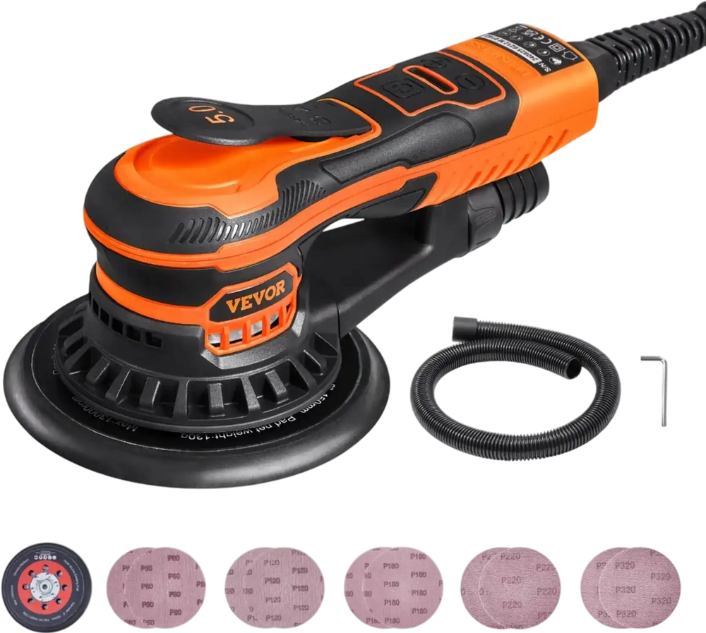 VEVOR Random Orbital Sander 6-Inch, 350W Brushless Orbital Sander, 10,000 PRM 6 Variable Speed Electric Palm Sander with 10PCS Sandpapers, Dust Connector & Hose for Woodworking Detailing Sanding