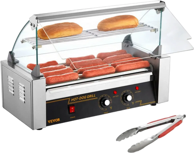 VEVOR Hot Dog Roller 5 Rollers 12 Hot Dogs Capacity, 750W Stainless Sausage Grill Cooker Machine with Dual Temp Control Glass Hood Acrylic Cover Bun Warmer Shelf Removable Oil Drip Tray ETL Certified