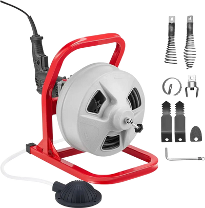 VEVOR Drain Cleaner Machine 50 FT x 5/16 Inch, Sewer Snake Auger with 228RPM Electric Drill, Manual Feed Drain Cleaning Machine with 6 Cutters & Air-activated Foot Switch for 2