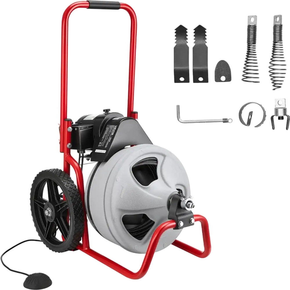 VEVOR Drain Cleaner Machine 75 FT x 3/8 Inch, Sewer Snake Auger Manual Feed on Wheels, Portable Drain Cleaning Machine with 6 Cutters & Air-activated Foot Switch for 2" to 4" Pipes