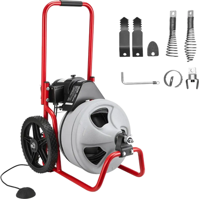 VEVOR Drain Cleaner Machine 75 FT x 3/8 Inch, Sewer Snake Auger Manual Feed on Wheels, Portable Drain Cleaning Machine with 6 Cutters & Air-activated Foot Switch for 2