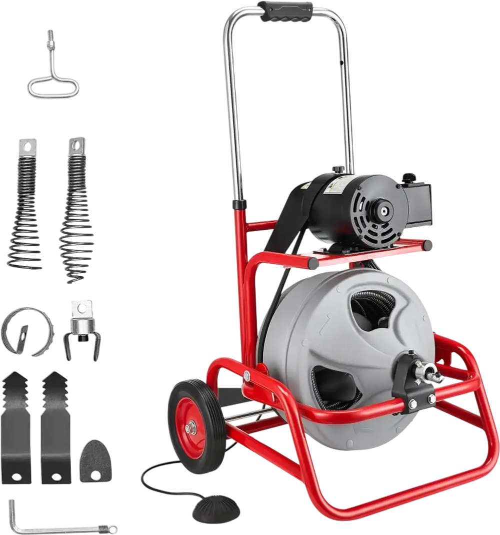 VEVOR Drain Cleaner Machine 75 FT x 3/8 Inch, Sewer Snake Auger on Wheels, Manual Feed Drain Cleaning Machine with Adjustable Drum Angle, 6 Cutters & Air-activated Foot Switch for 2" to 4" Pipes