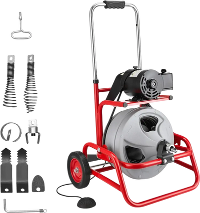 VEVOR Drain Cleaner Machine 75 FT x 3/8 Inch, Sewer Snake Auger on Wheels, Manual Feed Drain Cleaning Machine with Adjustable Drum Angle, 6 Cutters & Air-activated Foot Switch for 2