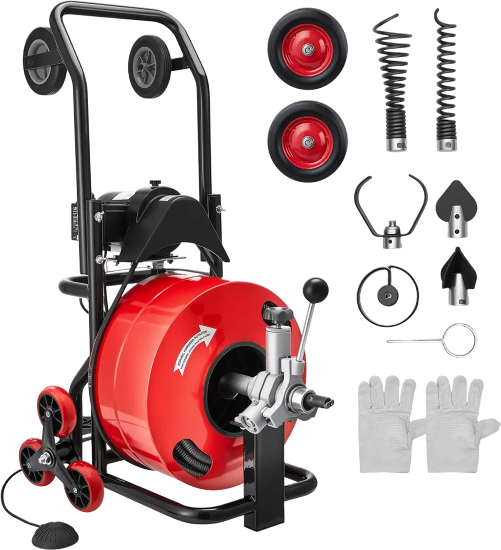 VEVOR Drain Cleaner Machine 100 FT x 3/4 Inch, Auto Feed Sewer Snake Auger, Portable Drain Cleaning Machine with Multi-Wheel Combination, 6 Cutters & Air-Activated Foot Switch for 4" to 8" Pipes