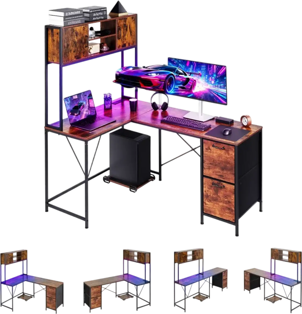 VEVOR L-Shaped Gaming Desk with LED Lights, 62.2-inch Reversible Corner Computer Desk with Power Outlets, Movable CPU Stand & Storage Drawers, Modern Stylish PC Gaming Table for Home Office