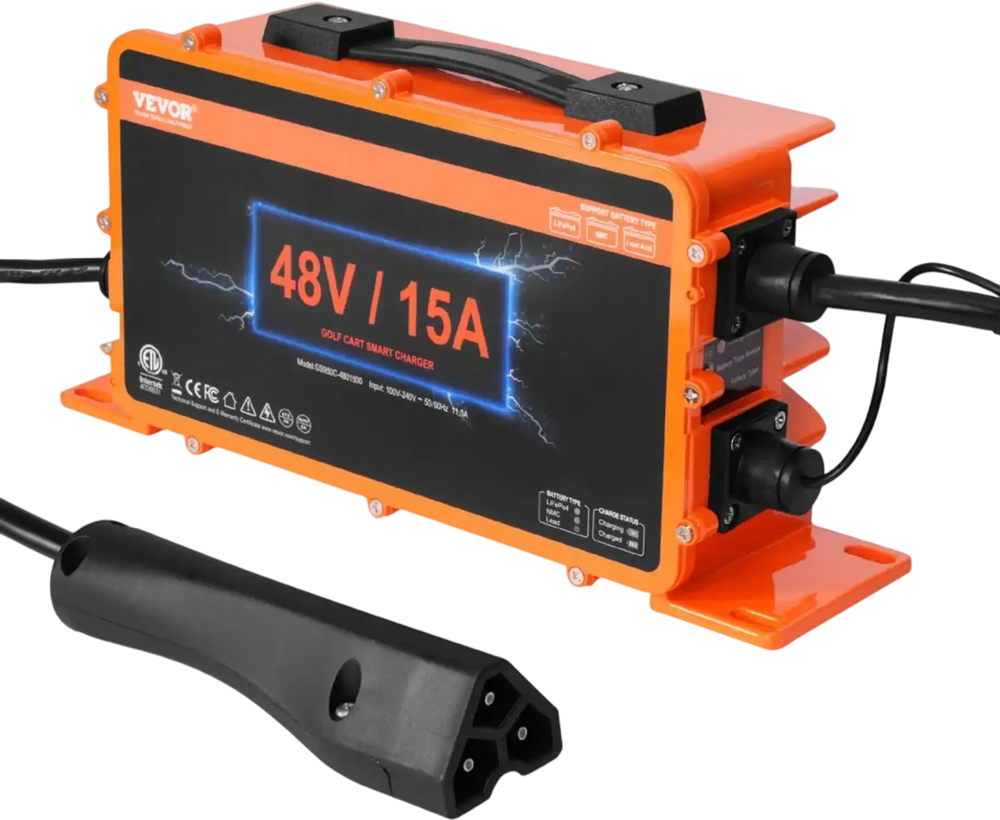 VEVOR 48 Volt Golf Cart Battery Charger, 15 AMP, Smart Battery Charger with RXV Plug, Compatible with Lead-Acid AGM/GEL/EFB MF Flooded NMC LiFePO4 Batteries for EZGO TXT, IP67 Waterproof ETL Certified