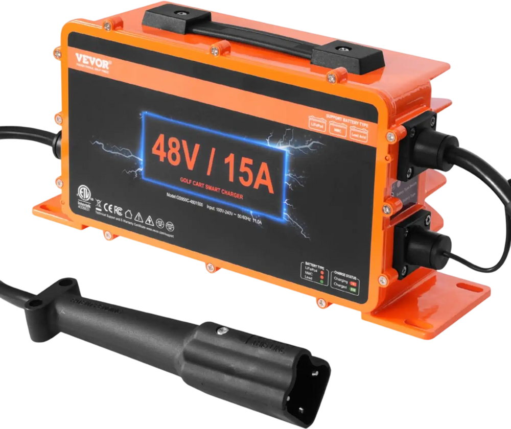 VEVOR 48 Volt Golf Cart Battery Charger, 15 AMP, Smart Battery Charger with G29 Plug, Compatible with Lead-Acid AGM/GEL/EFB MF Flooded NMC LiFePO4 Batteries for Yamaha, IP67 Waterproof ETL Certified