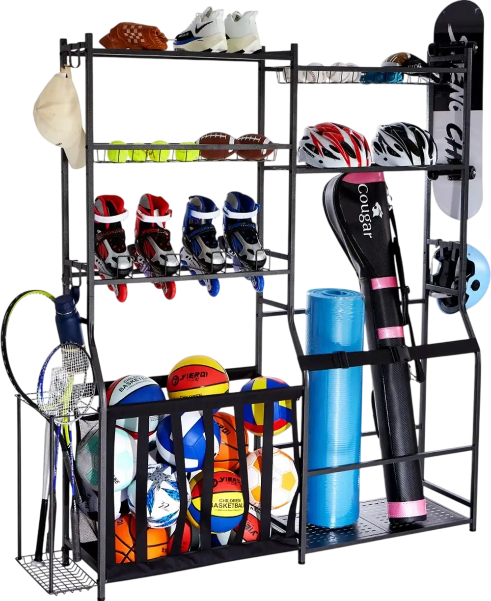 VEVOR Golf Storage Garage Organizer, 2 Golf Bag Storage Stand Holder and Other Sports Equipment Storage Rack, Outdoor Steel Ball Cart, Sports Gear and Toys Storage Shelves with Baskets & Hooks, Black