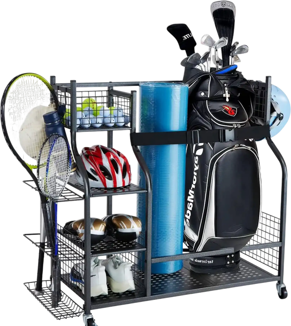 VEVOR Golf Storage Garage Organizer, 2 Golf Bag Stand Holder and Other Sports Equipment Storage Rack, Rolling Ball Cart on Wheels, Outdoor Sport Gear and Toy Storage with Baskets & Hooks, Steel, Black