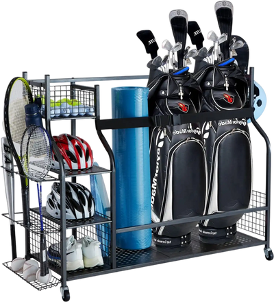 VEVOR Golf Storage Garage Organizer, 3 Golf Bag Stand Holder and Other Sports Equipment Storage Rack, Rolling Ball Cart on Wheels, Outdoor Sport Gear and Toy Storage with Baskets & Hooks, Steel, Black