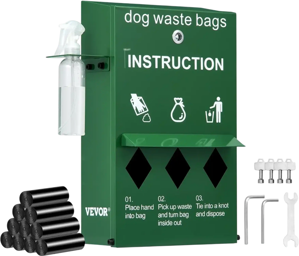 VEVOR Dog Poop Bag Dispenser with Hand Wash Bottle, Lockable Outdoor Dog Waste Bag Holder with 600 Waste Bags, Stake, Pole, Fence & Wall Mounted Dog Poop Bag Storage, Pet Waste Station for Porch, Lawn